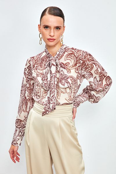 Sateen Cămașă cu model cu eșarfă cu guler - MARO