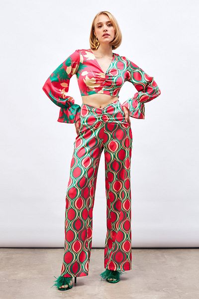 Sateen Fuchsia Patterned Loose Trousers - Front Drawstring