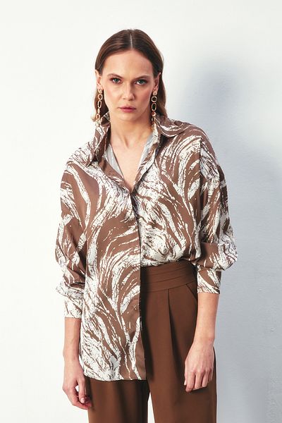 Sateen Long Patterned Shirt - BROWN