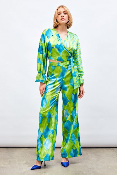 Sateen High Waist Patterned Trousers - BLUE
