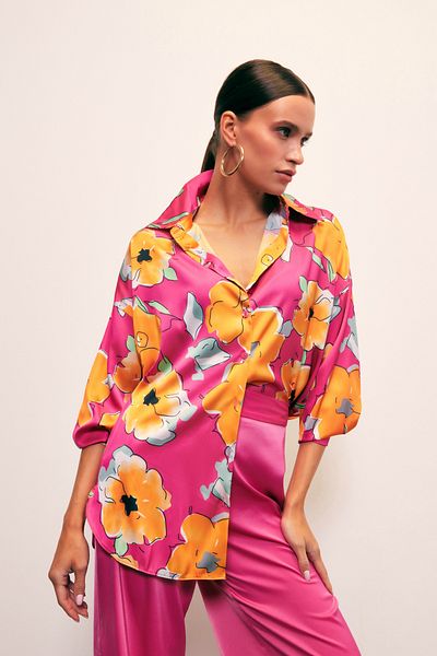 Sateen Floral Patterned Oversize Shirt - Fuchsia