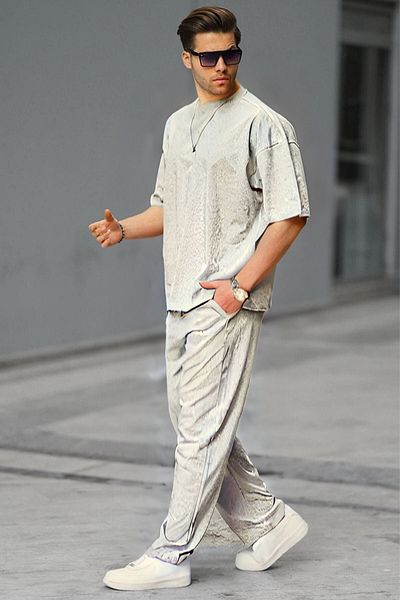 YAKAMEL Men's Gray Melange Casual Short Sleeve T-shirt And Pajama Set