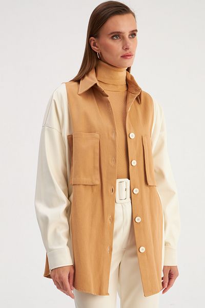 Sateen قميص جلدي بجيوب - بيج إكرو