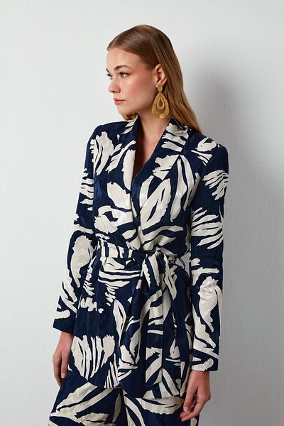 Sateen Jachetă din satin cu model floral cu curea - ALBASTRU ÎNCHIS