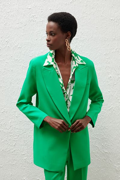 Sateen Single Button Loose Jacket - Green