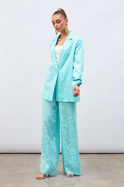 Sateen Patterned Loose Trousers - Turquoise
