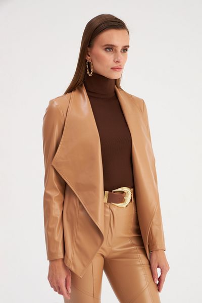 Sateen Beige Colored Wide Collar Leather Jacket