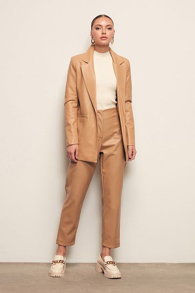 Sateen Pleated Leather Trousers - Beige