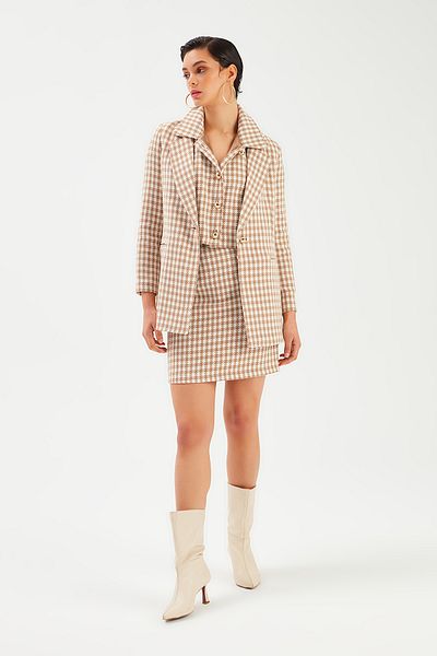 Sateen Μπουφάν με σχέδιο Houndstooth - Camel