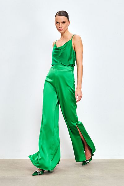 Sateen Slit Detailed Satin Trousers - Green