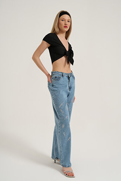 Quzu Taş Detaylı Bol Paça Denim Pantolon Mavi