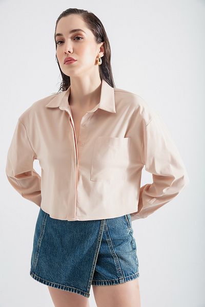 Lafaba Women's Beige Single Pocket Crop Shirt