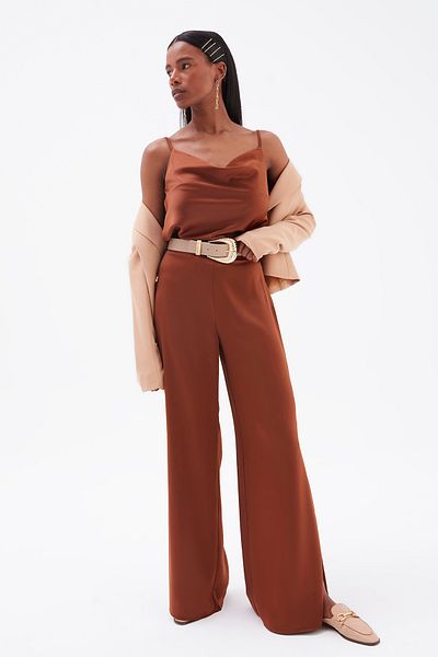 Sateen Slit Detailed Satin Trousers - Brown