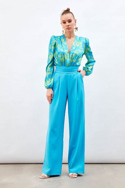 Sateen Pantaloni cu buzunare cu talie - Albastru