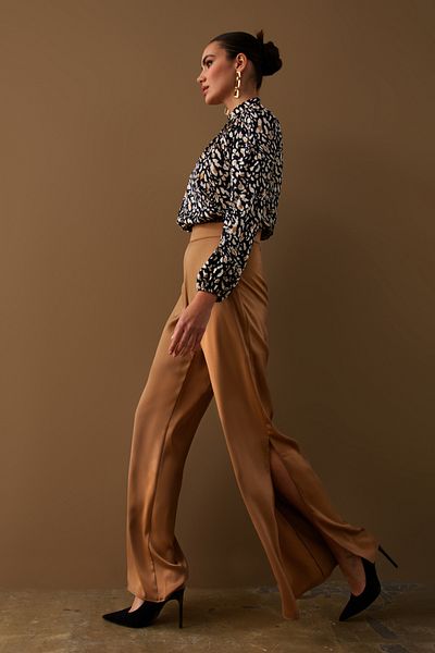 Sateen Slit Detailed Satin Trousers - Camel