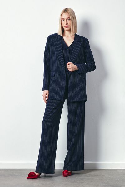 Sateen Wide Leg Striped Trousers - NAVY BLUE