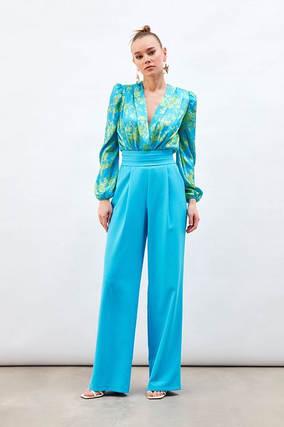 Sateen Pantaloni cu buzunare cu talie - Albastru