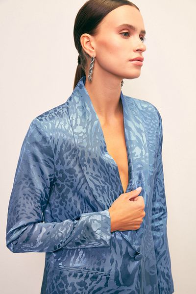Sateen Shawl Collar Patterned Jacket - Indigo