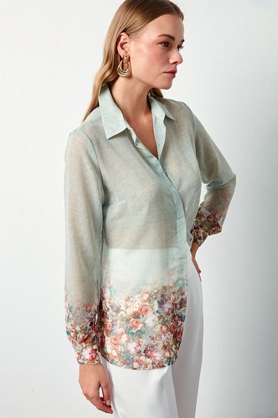Sateen Green Green Floral Patterned Shirt