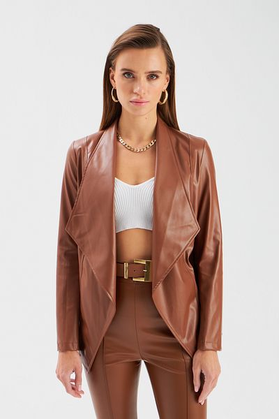Sateen Wide Collar Leather Jacket - Brown