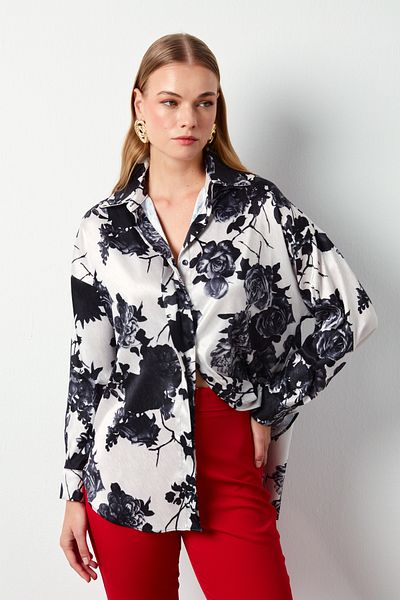 Sateen Casual Shirt - Floral Pattern, BLACK