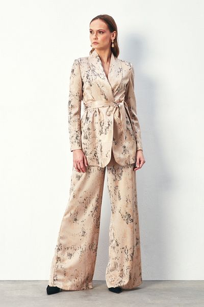 Sateen Beige Color Shiny Patterned Loose Trousers