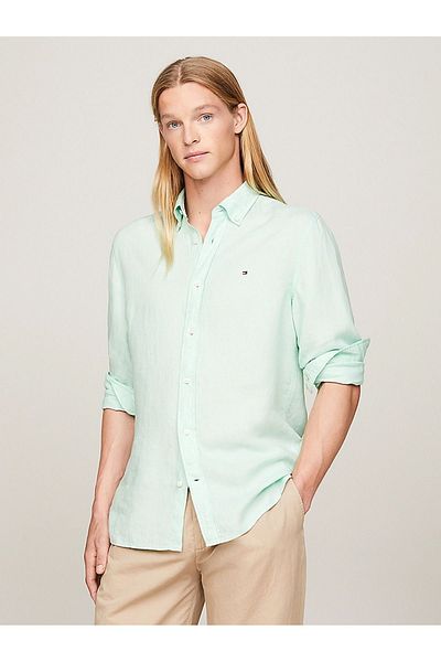 Tommy Hilfiger Men's Brand Logo Buttoned Long Sleeve Green Shirt MW0MW34602-LXZ