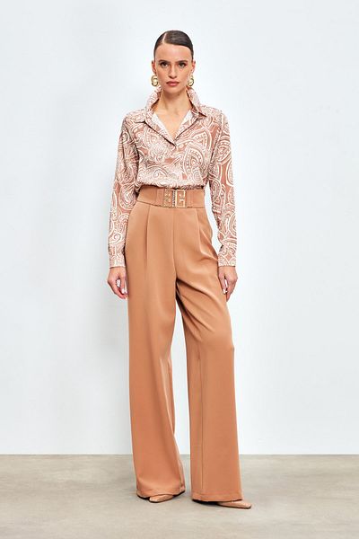Sateen Wide Leg Trousers with Waist Accessories - CAMEL
