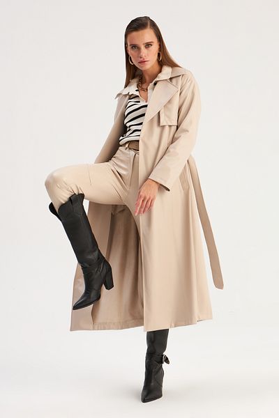 Sateen Trench din piele cu centură lungă - piatră