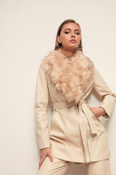 Sateen Fur Detailed Leather Jacket - STONE