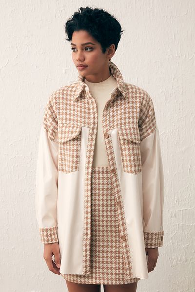 Sateen Patent Leather Houndstooth Shirt - Camel