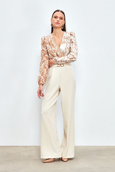 Sateen Wide Leg Trousers with Waist Accessories - STONE