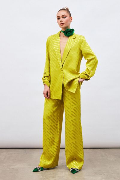 Sateen Patterned Loose Trousers - Oil Green