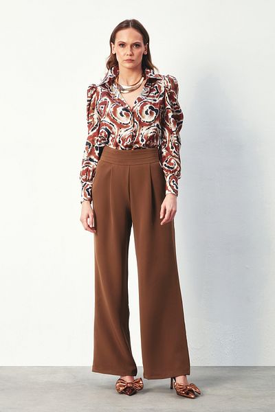 Sateen Brown Trousers with Pockets and Waist Detail