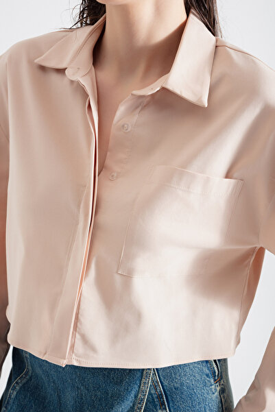 Lafaba Women's Beige Single Pocket Crop Shirt