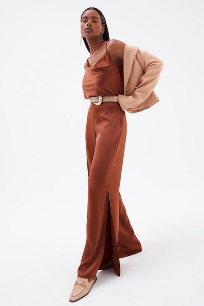 Sateen Slit Detailed Satin Trousers - Brown