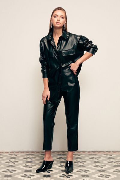Sateen Pleated Leather Trousers - BLACK