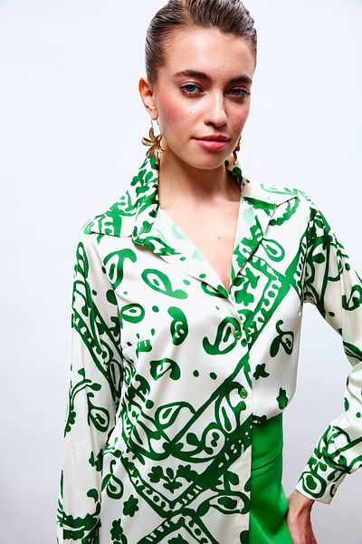 Sateen Patterned Loose Satin Shirt - Green