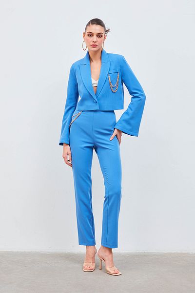 Sateen Pantaloni cu accesorii lant albastru