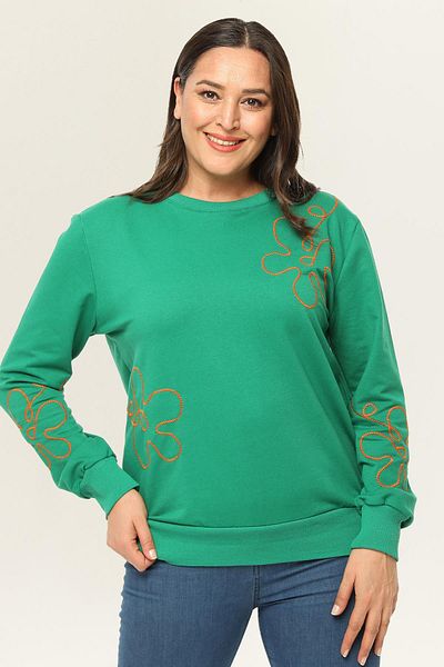 Ebsumu Γυναικείο φούτερ Plus Size Basic Green με λεπτομέρεια κεντήματος