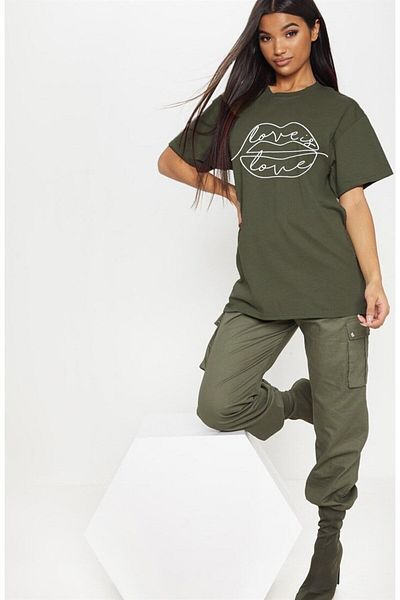 Teenage Millionaire Γυναικείο χακί μπλουζάκι για τα χείλη Love Is Casual Boyfriend Oversize Crew Neck Βαμβακερό μπλουζάκι - K2188