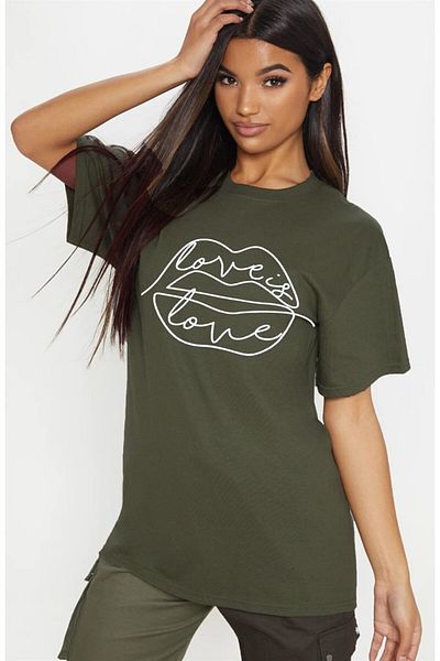 Teenage Millionaire Γυναικείο χακί μπλουζάκι για τα χείλη Love Is Casual Boyfriend Oversize Crew Neck Βαμβακερό μπλουζάκι - K2188