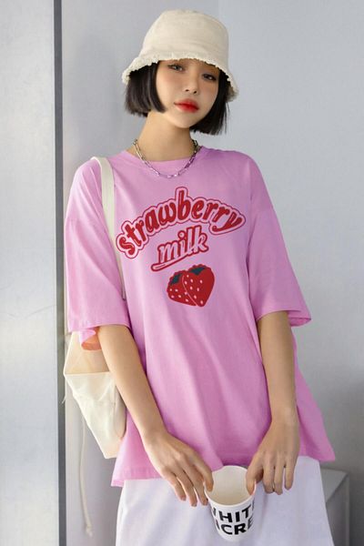 Teenage Millionaire Strawberry Strawberry Printed Pink Oversize Salas Boyfriend Women's T-shirt