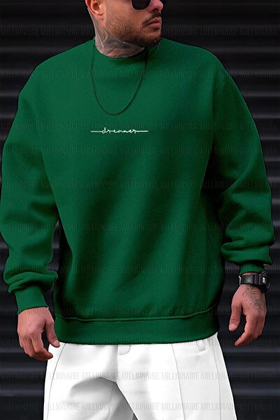 Millionaire Men's Bntn Green Dreamer Printed 0 Crew Neck Oversize Loose Loose Cut Fleece Sweatshirt