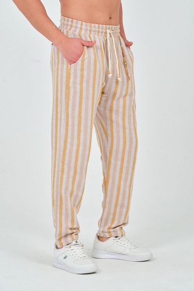 RELAXL Men's Striped Summer Linen Trousers - 100% Raw Linen, Lace-up Knitted Fabric