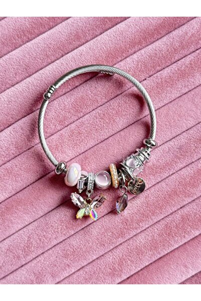 Perle Elit Pembe Kelebek Charm Çelik Bileklik