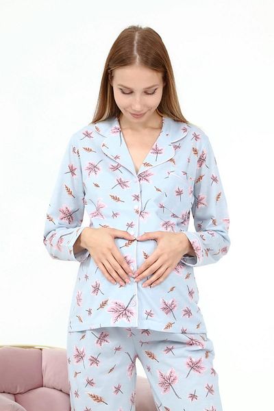 LİKAPA Set de pijamale cu mânecă lungă de maternitate Likapa din bumbac pieptănat cu nasturi în față