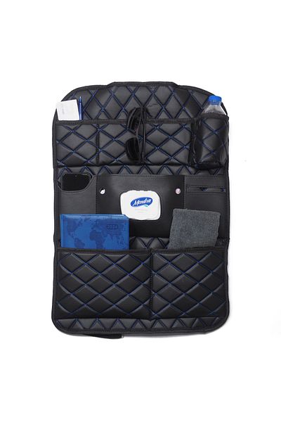 wimbledon Black Blue Embroidered Leather Car Seat Back Organizer - 44x62 cm / 1 Piece