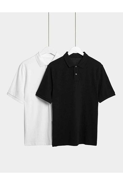 CLIPMAN Ανδρικό σετ 2 τεμαχίων Slim Fit - Ασπρόμαυρο βαμβακερό μπλουζάκι πόλο