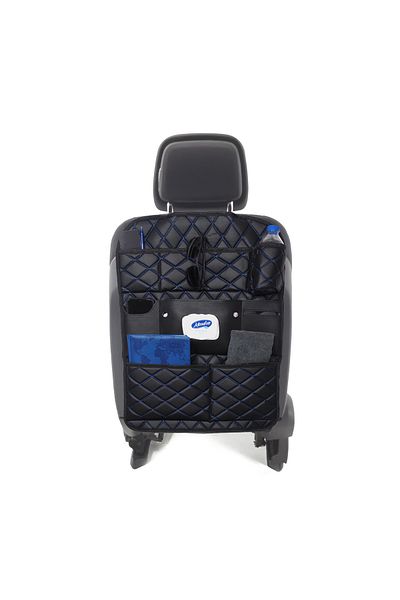 wimbledon Black Blue Embroidered Leather Car Seat Back Organizer - 44x62 cm / 1 Piece